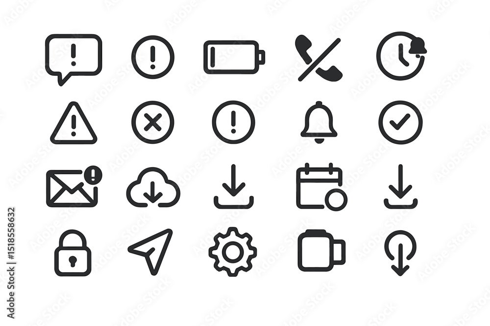 Poster icon collection for digital notifications and statuses featuring various alert symbols and graphic e
