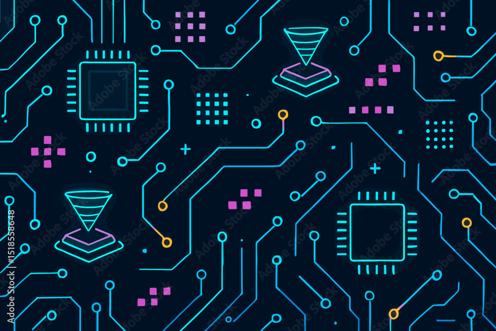 Aufkleber modern circuitry design with colorful neon elements showcasing technology innovation and digital con