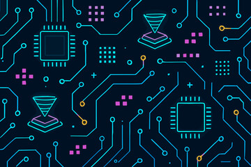 Modern circuitry design with colorful neon elements showcasing technology innovation and digital connectivity