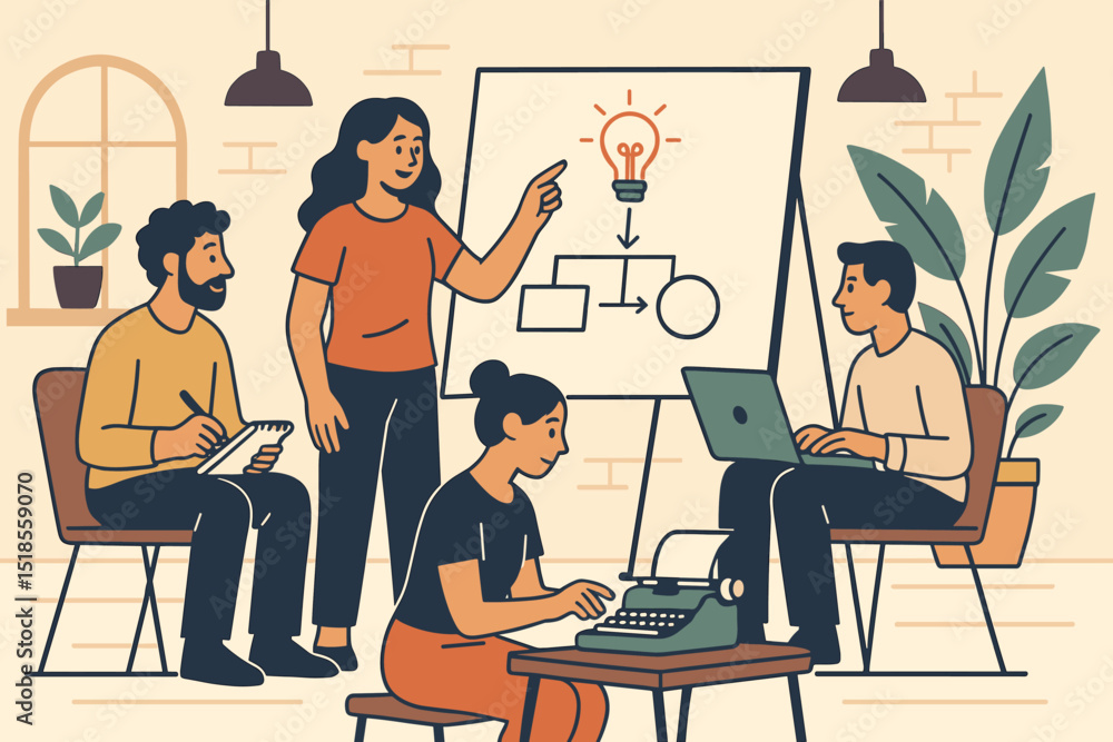 Poster team brainstorming session in a modern workspace with lightbulb ideas and collaborative tools