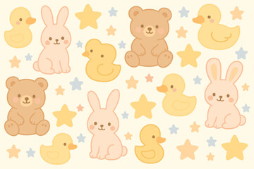 Obraz premium Cute animal patterns featuring bunnies, bears, and ducks in pastel colors arranged playfully on a soft background for children's decor