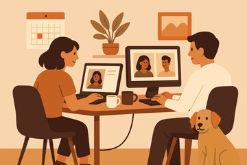 Two people working from home at a shared desk with a dog nearby on a sunny day in a cozy living space