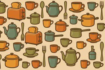 Kitchen utensils and cookware arranged in a colorful and playful pattern on a beige background