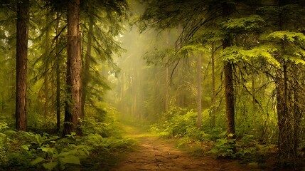 Obraz premium Enchanted forest path with sun rays