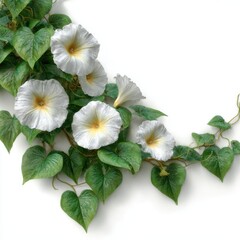Fototapeta premium White morning glories with green leaves on white background isolated on white background