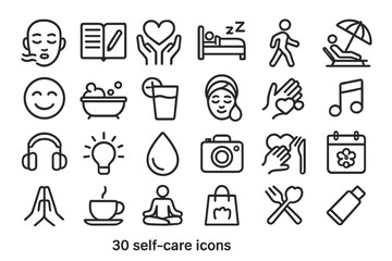 Self-care icons representing relaxation, wellness, and mindfulness activities for maintaining well-being and personal health