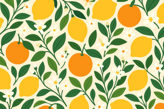 Colorful citrus fruit and flower seamless pattern with lemons and oranges