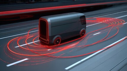 Futuristic van moving on a highway with sensor data visualization.