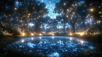 Enchanting nocturnal forest by a luminous pond.