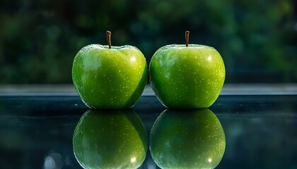 Green apples on a glass plate on a blue background. Copy space.