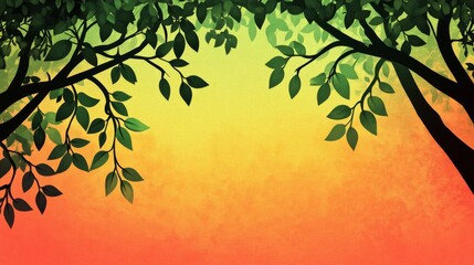 Obraz premium Emerald leaves and sunlit citrus move gracefully under a peaceful watercolor canopy formed by serene branches