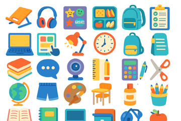 Collection of colorful school and office icons illustrating various tools and items for learning and productivity