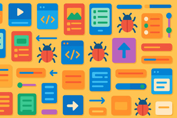 Colorful digital patterns featuring coding elements and bugs illustrating software development and programming concepts