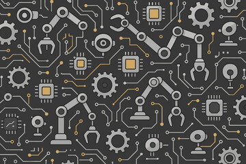 Intricate pattern of robotic arms and circuit designs showcasing technology and automation in a modern digital landscape