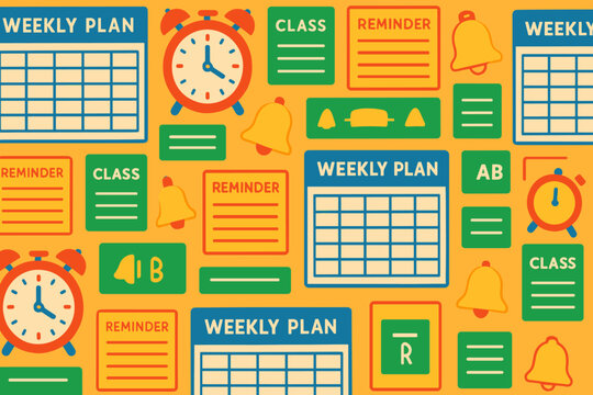 Bright and colorful weekly planner design with reminders, clocks, and schedules for effective time management and organization