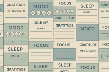 Mood tracking worksheet featuring sections for gratitude, sleep, and focus shown in a calm design