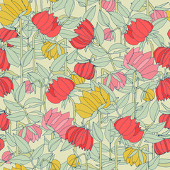 Seamless pattern with hand drawn meadow bold flowers. Colorful illustrations on blue background for surface design and other design projects