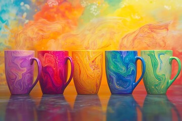 Colorful coffee cups on a wooden table with bokeh background