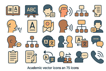 Vector icons depicting various academic concepts including communication, learning tools, and information sharing in an educational setting