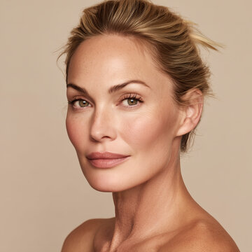 Retrato de una bella mujer adulta con expresi&oacute;n serena sobre fondo beige