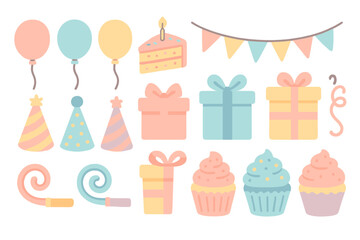 Colorful birthday celebration elements featuring balloons, cake, gifts, and party decorations perfect for festive occasions