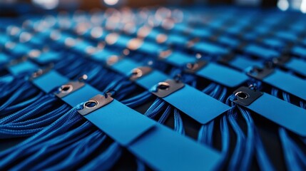 Many blue lanyards, name tags arranged on table. Event preparation underway. Indoor setting. Potential for business meeting. Rows of lanyards. Ready for attendees. Professional event meeting. Neatly