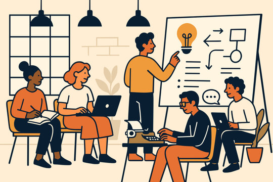 Creative team brainstorming ideas in a modern workspace during a collaborative meeting - Powered by Adobe