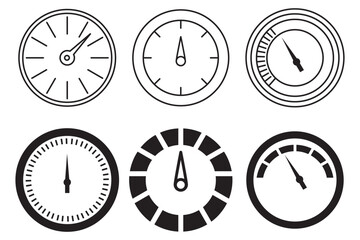 Speedometer icon, tachometer icon. Speed indicator icon set. Rating meter signs performance concept. Dashboard level scale icon. vector illustration.