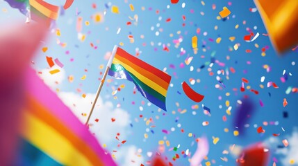Colorful celebration of pride with rainbow flags and confetti at a vibrant festival