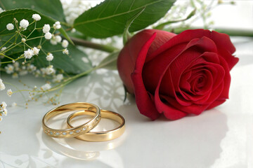 Photo of Two golden wedding rings with a red rose and gypsophila isolated on white background, symbolizing love, marriage, and commitment in a romantic setting