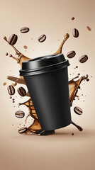 Digital advertisement featuring a black disposable coffee cup with. coffee beans on beige background