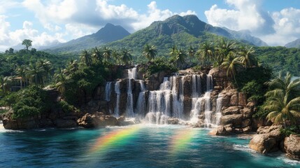 Lush tropical waterfall cascading into a tranquil cove.