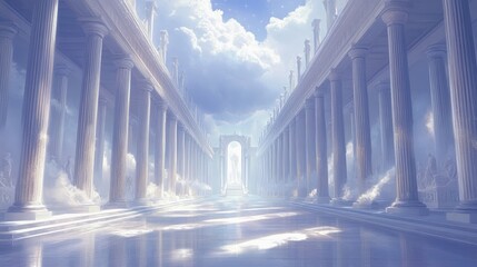 A serene, ethereal colonnaded hall bathed in soft light.