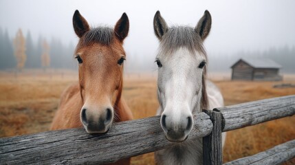 Naklejka premium Friendly Horses by Wooden Fence in Foggy Countryside