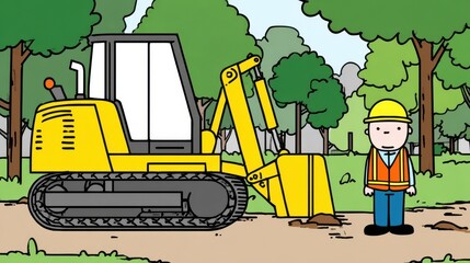 Cartoon illustration of construction vehicle and worker.
