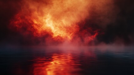 Naklejka premium Dramatic dark bold red smoky misty fire colorful background, glowing spotlight highlight and floating dust particles on reflective ground. Cinematic studio product photography backdrop