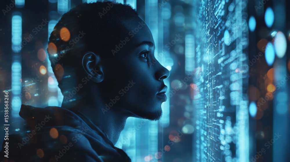 Poster a focused individual gazes thoughtfully at a digital interface, surrounded by glowing data points an