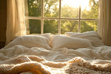 Unmade bed in warm morning sunlight with soft pillows and a knit blanket by a large window overlooking green trees