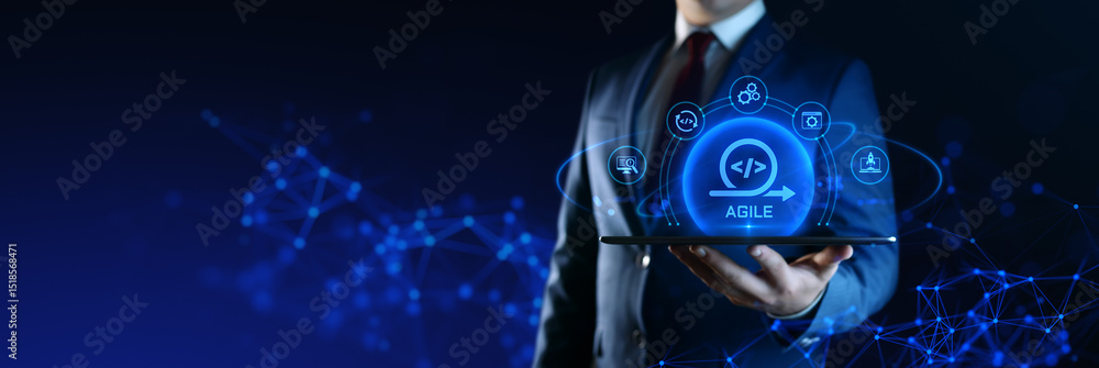 Poster businessman holding smartphone with agile development icons on screen. software development concept