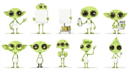 Obraz premium Set of green aliens posing with white blank placard. Set of aliens of such professions as chef, waiter, detective. Set of aliens doing shopping. Vector illustration isolated on white background. illu