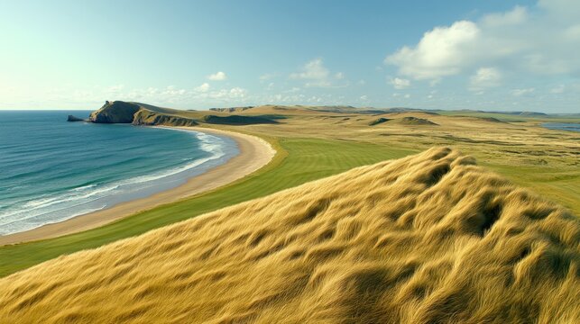 Scenic coastal landscape with sandy beach, rolling green hills, and blue sky