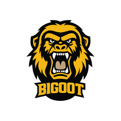 Aggressive Gorilla Mascot Logo with Sharp Teeth and Fierce Expression Featuring the Word BIGOOT in Bold Yellow Letters with Black Outline This striking