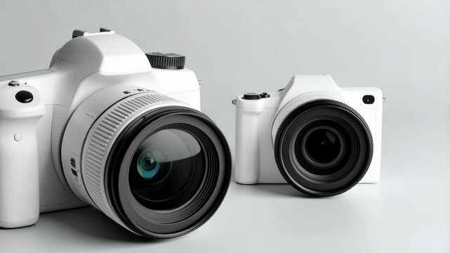 Two white digital single-lens reflex cameras, large and compact, placed side by side, showcasing modern photography equipment with clean minimalist aesthetic