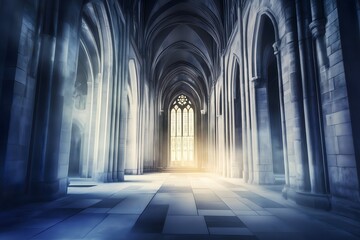 Fototapeta premium Majestic gothic hall of a fantasy cathedral with bright ethereal light streaming from a window
