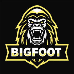 Aggressive Bigfoot Mascot Logo with Yellow Outline and Black Background Featuring an Angry Gorilla Face and the Word BIGFOOT in Bold White Letters