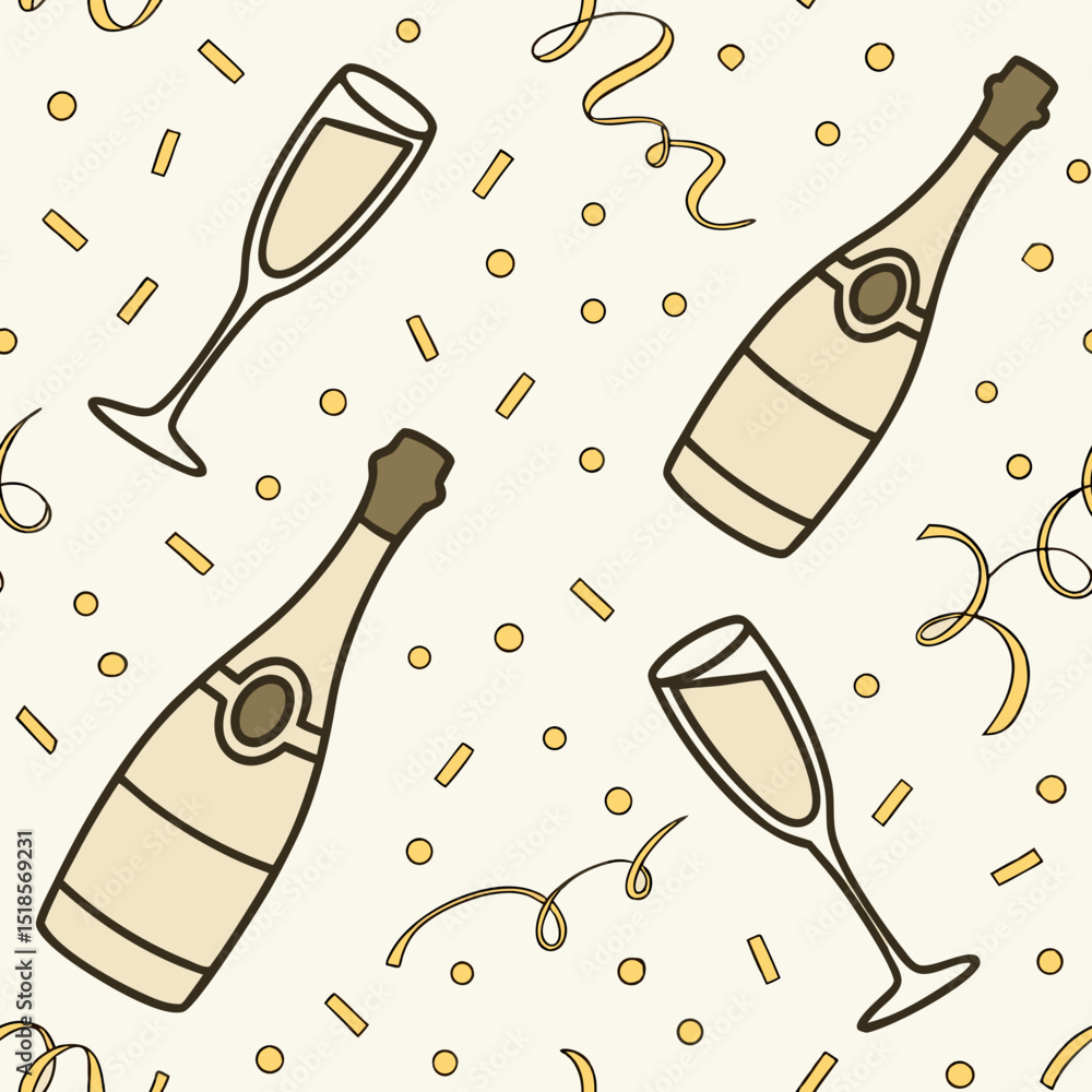 Aufkleber champagne bottles and flutes with decorative elements seamless vector pattern