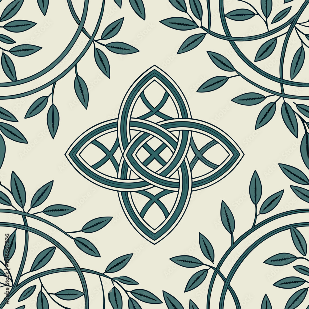 Poster intricate celtic knotwork seamless vector pattern with leaves on a light background