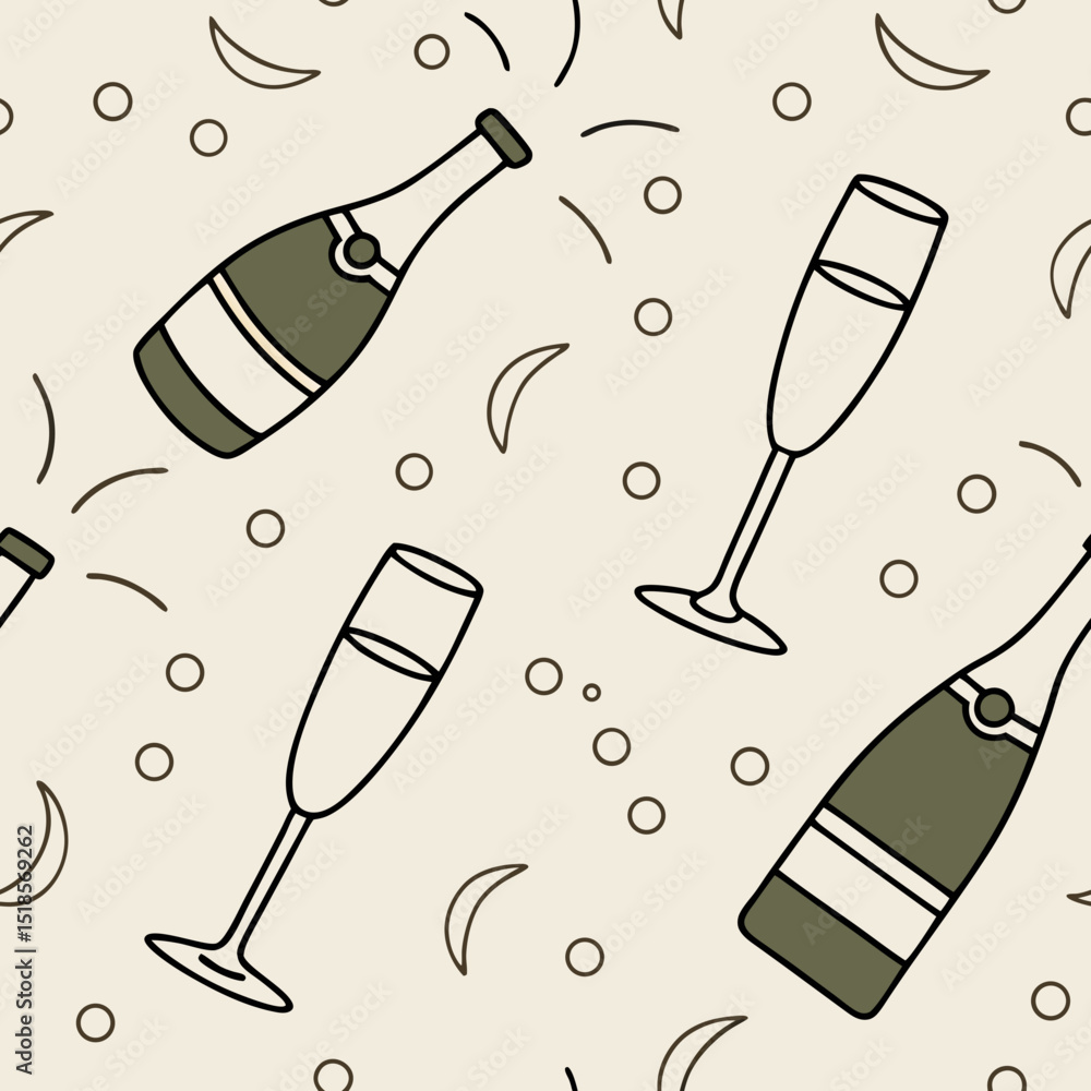 Poster champagne bottles and flutes in seamless vector pattern design