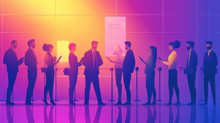Employer meeting job applicant at pre-employment assessment. Employee evaluation, assessment form and report, performance review concept. Bright vibrant violet vector isolated illustration illustrati