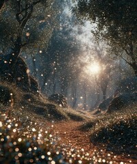 The brilliant sun is shining beautifully through the trees in a dark forest area